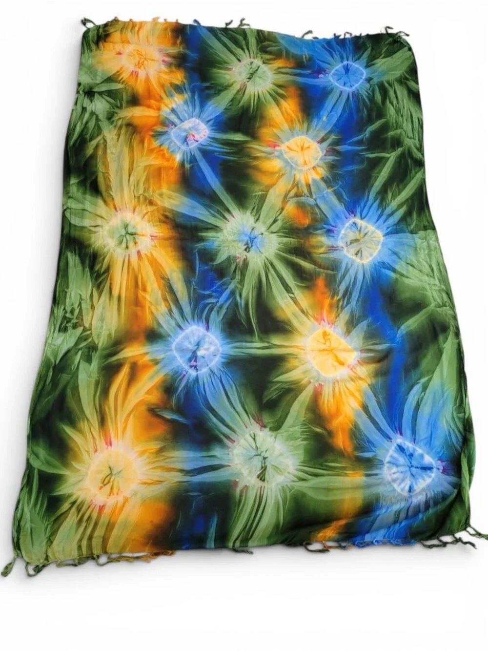 Tie Dyed Fringed Sarong Shawl - Beach Ready in Unique Blue, Green, Gold Pattern
